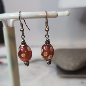 Murano Orange and Gold Polka Dot Dangle Earrings